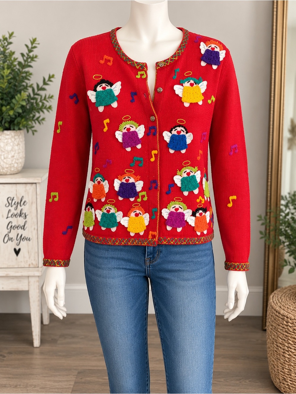 Red Women's Embroidered Angel Knit Cardigan